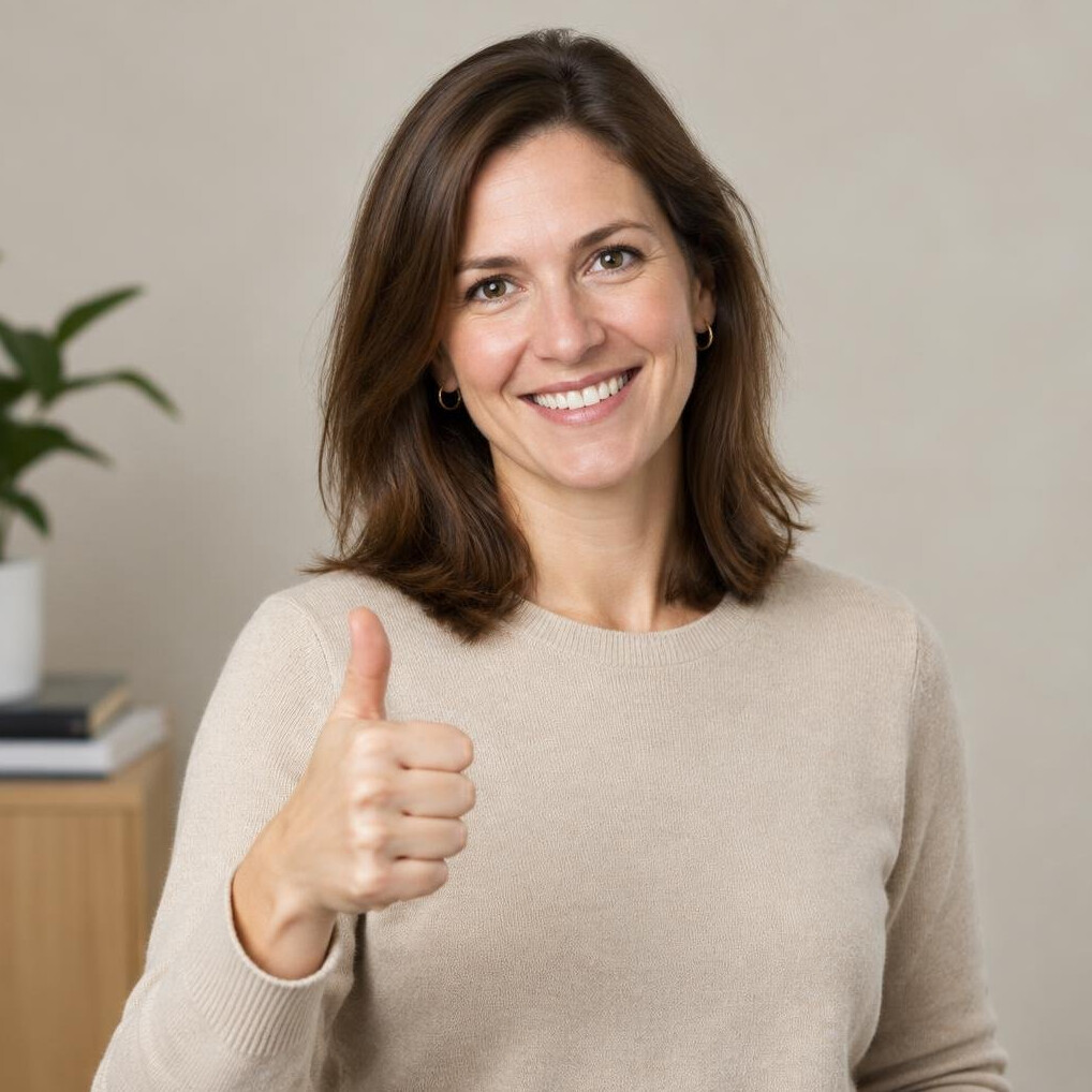 Smiling businesswoman in an office giving a thumbs up